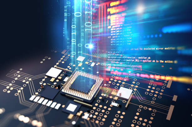 Close-up of a microprocessor with illuminated digital connections